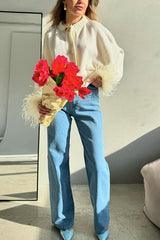 Solid Color Elegant Feather Long Sleeve Casual Knitted Cardigan