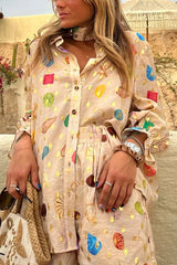 Fashionable Gold Stamping Unique Printing Lapel Long Sleeve Shirt and Elastic Waist Casual Pocket Shorts Set