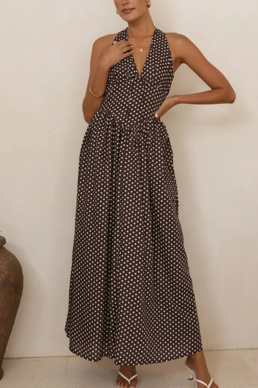 Polka Dot Print Halter Neck Fitted Waist Holiday Maxi Dress