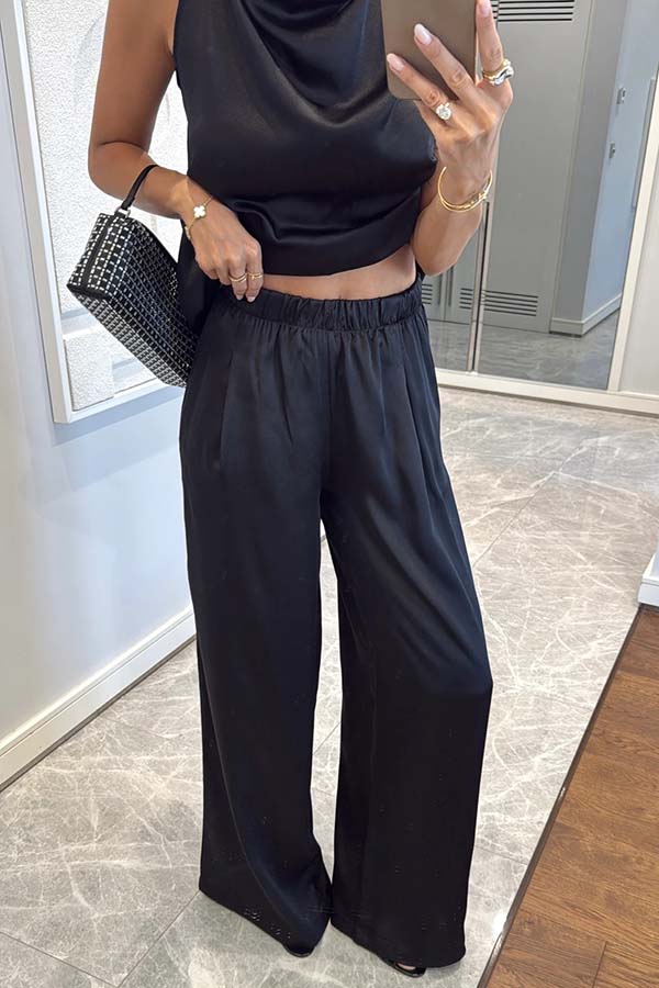 Classic on You Satin High Cowl Neck Top and Elastic Waist Pocket Loose Pants Set