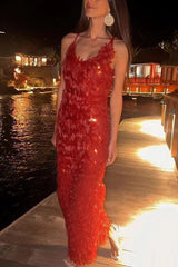 Fashionable Sequined Sexy Open Back Slim Maxi Dress