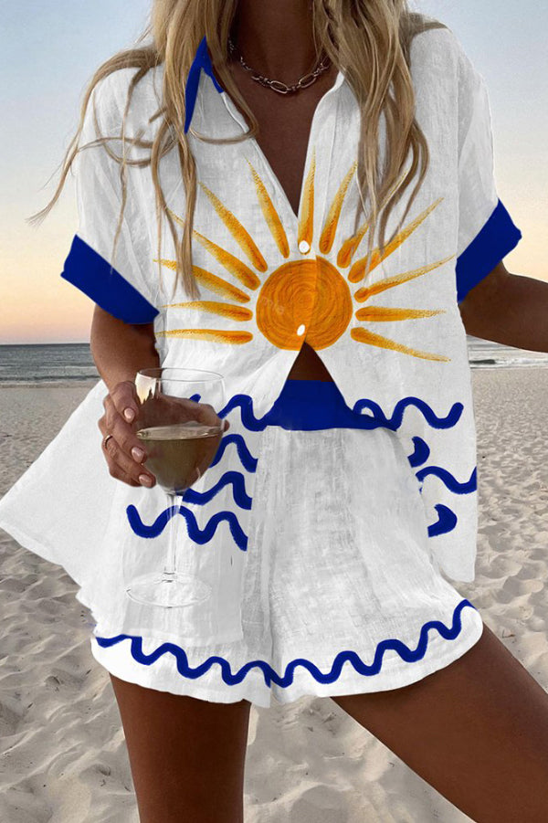 Sunrise Print Loose Button Elastic Waist Shorts Set