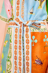 Linen Blend Unique Printed Short Sleeved Pocket Tie Waist Mini Dress(One Size UP)