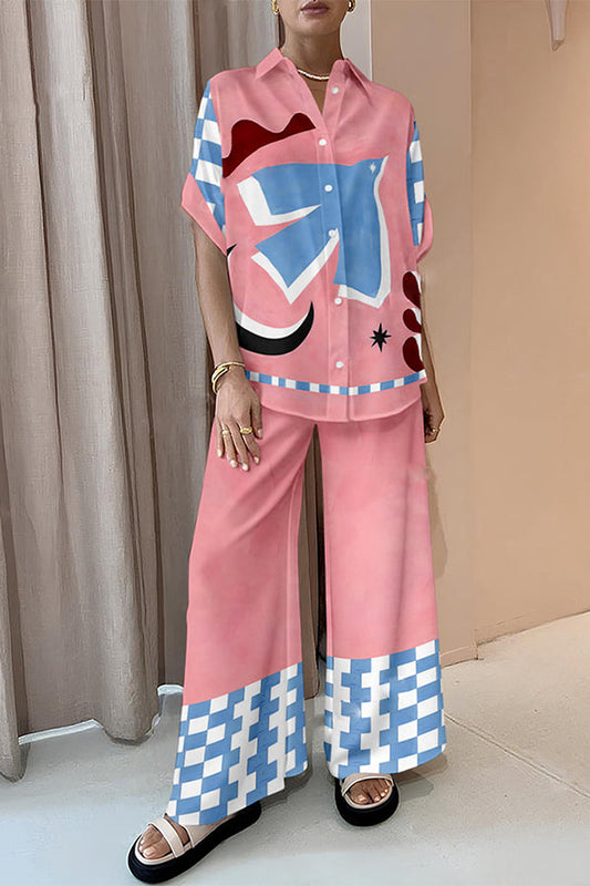 Abstract Bird Print Oversized Blouse and Elastic Waist Pocketed Pants Set