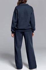 Solid Color Long-sleeved Lapel Sports Sweatshirt and Elastic Waist Casual Pocket Pants Set