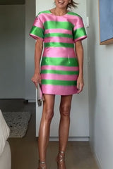 Fun and Colourful Satin Color Block Short Sleeve Loose Mini Dress