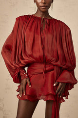 Solid Color Long-sleeved Belted Asymmetrical Mini Dress and Elastic Waist Casual Shorts Set