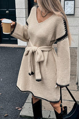 Stylish Loose-fitting Long-sleeved Tie-waist Knit Mini Dress