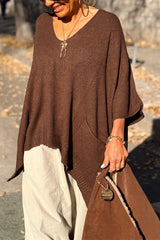 Fashion V-neck Loose Pocket Mid-length Knitted Poncho Sweater