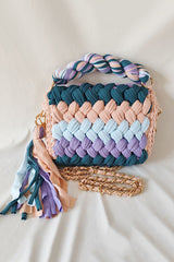 Contrast Color Stitching Braided Chain Tassel Bag