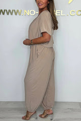 Solid Color V-neck Short-sleeved Waist-tied Loose Casual Jumpsuit