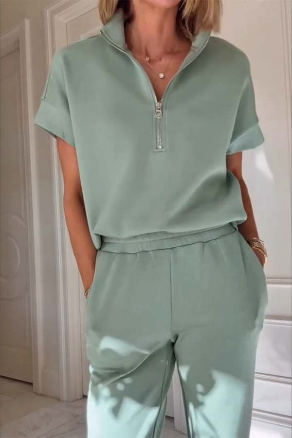 Sheridan Half-Zip Neck Short Sleeve Sweatshirt and Elastic Waist Pocket Jogger Set