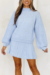 Solid Color Round Neck Puff Sleeve Loose Knit Sweater and Casual Striped Mini Skirt Set