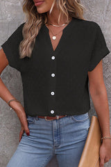 Solid Color Jacquard V-Neck Button Casual Shirt