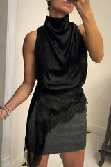 Nayla Satin Lace Trim High Neck Irregular Slit Hem Sleeveless Top