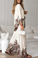 Botanical Print Loose Long-sleeved Shirt and Elastic Waist Pocket Casual Wide-leg Pants