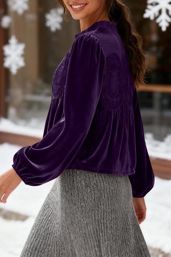 Fashionable Velvet and Lace Patchwork Loose Long-sleeved Top