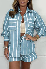 Stripe Print Lapel Long-sleeved Shirt and Elastic Waist Loose Shorts Set