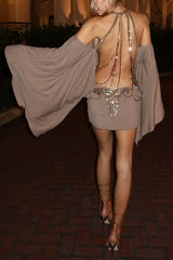 Alula Chain Sequin Embroidered Butterfly Kimono Slit Sleeve Backless Mini Dress