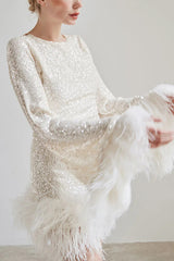 Stylish Sequined Feather Long-sleeved Sexy Backless Mini Dress