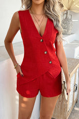 Solid Color Holiday Style V-neck Button Irregular Vest and Elastic Waist Casual Pocket Shorts Set