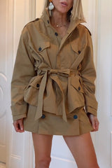 Chic Comfort Epaulettes Contrast Buttons Pocket Belt Cropped Trench Coat