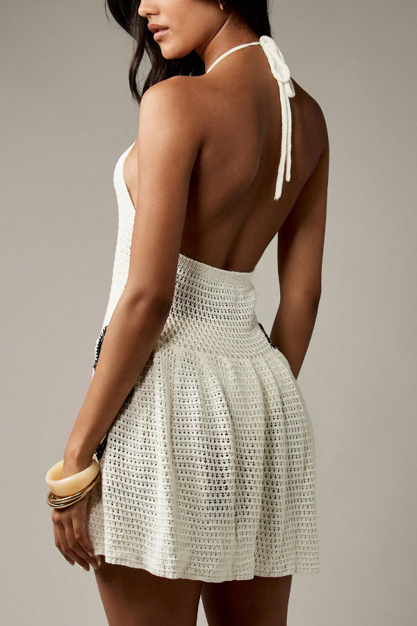Fashionable Openwork Knit Halter Neck Backless Cover-up Mini Dress