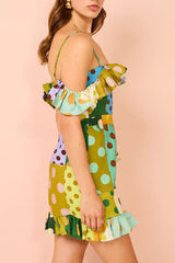 Chic Color Block Dot Print Invisible Zipper Strap Mini Dress