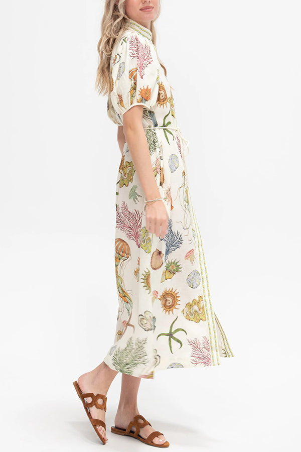 Beach Shell Print Puff Sleeve Tie-Waist Casual Midi Dress
