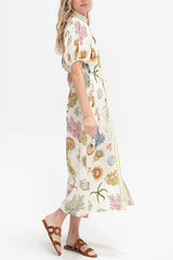 Beach Shell Print Puff Sleeve Tie-Waist Casual Midi Dress