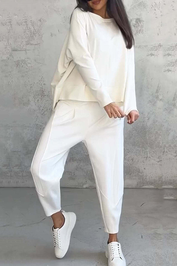 Solid Color Crew Neck Long-sleeved Irregular Loose Top and Elastic Waist Pocket Casual Pants Set