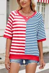 Striped Color Block Print Crew Neck Short Sleeve Loose Top