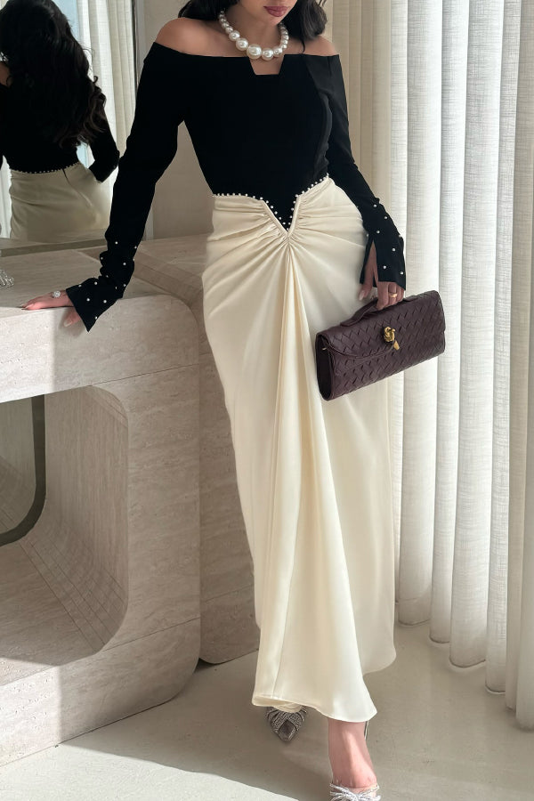 Stylish Pearl-embellished Elegant Off-shoulder Long-sleeved Draped Maxi Dress