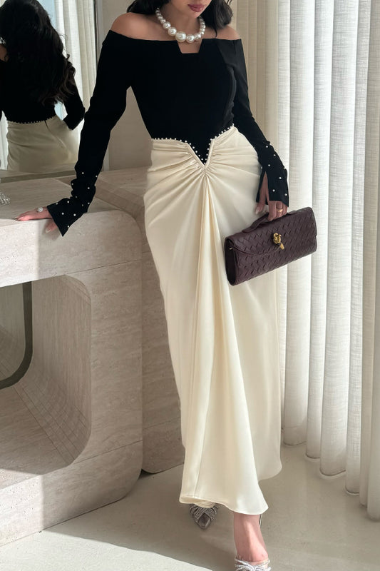 Stylish Pearl-embellished Elegant Off-shoulder Long-sleeved Draped Maxi Dress