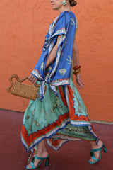 Surrealist Summer Satin Unique Print Tie-up Details Layered Hem Scarf Maxi Dress