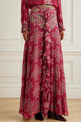 Unique Printed Chiffon Long-sleeved Loose Shirt and Elegant Ruffled Maxi Skirt Set