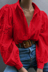 Fashion Hollow Puff Sleeve Casual Lapel Loose Shirt