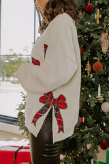 Merry Plaid Embroidered Bow Long-Sleeve Loose Sweatshirt