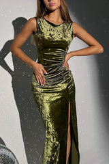 Solid Color Velvet Round Neck Sleeveless Slim Slit Maxi Dress