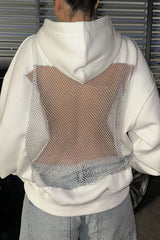 Fashionable Shiny Mesh Hollow Back Loose Long-sleeved Hooded Sweatshirt