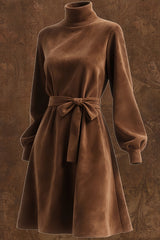 Stylish Suede Turtleneck Long-sleeved Tie-wst Casual Mini Dress