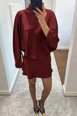 Solana Satin Draped Ribbons High Neck Long Sleeve Elastic Wst Mini Dress