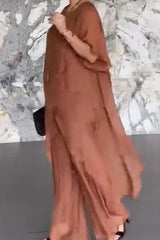 Solid Color Round Neck Irregular Loose Chiffon Top and Casual Wide-leg Pants Set