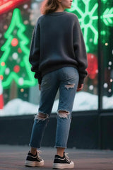 Christmas Holly Jacquard Loose Long-Sleeve Knit Sweater