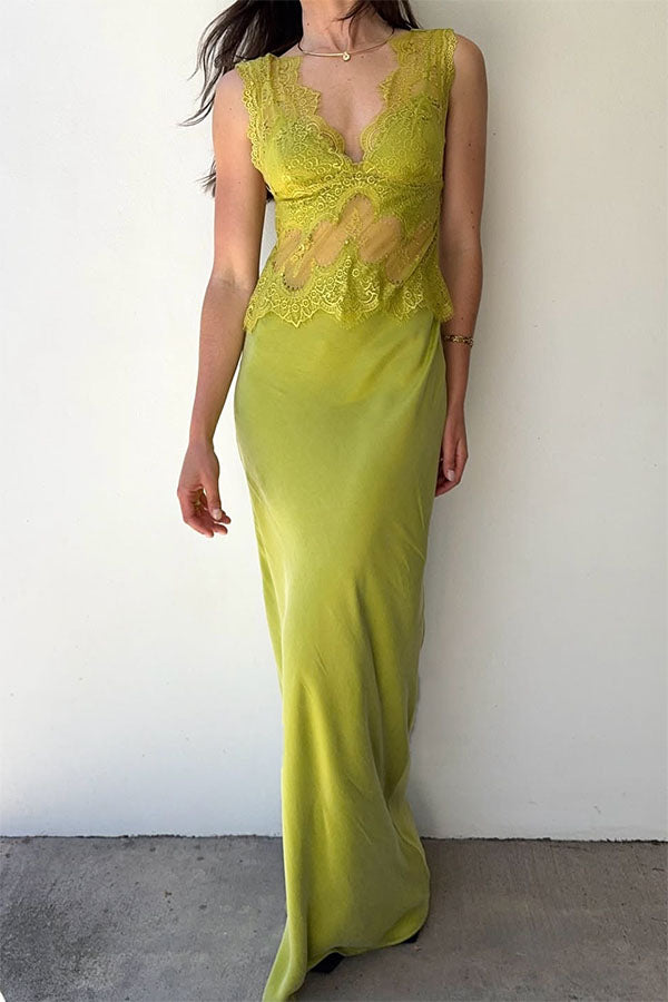 Effortless Elegance Satin Sheer Lace Patchwork V-neck Drape Maxi Dress