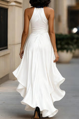 Solid Color Satin V-neck Sleeveless Elegant Ruffle Maxi Dress