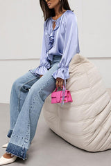 Satin Solid Color V-neck Tie Ruffle Casual Shirt