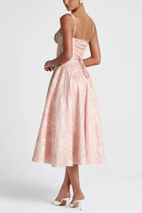 Palace Style Jacquard Fabric Backless Tie Slim Midi Dress