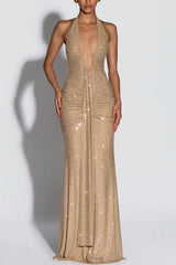 Rosetta Sequin Deep U-neck Ruched Hip Draped Panel Halter Maxi Dress