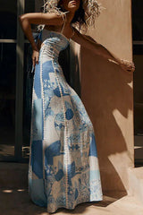 Terazza Ric Rac Trims Unique Print Back Tie-up Slip Flared Maxi Dress